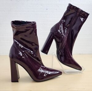 Shelo Burgundy Eggplant Patent Faux Leather Block Heel Pointed Toe Boots, 5.5